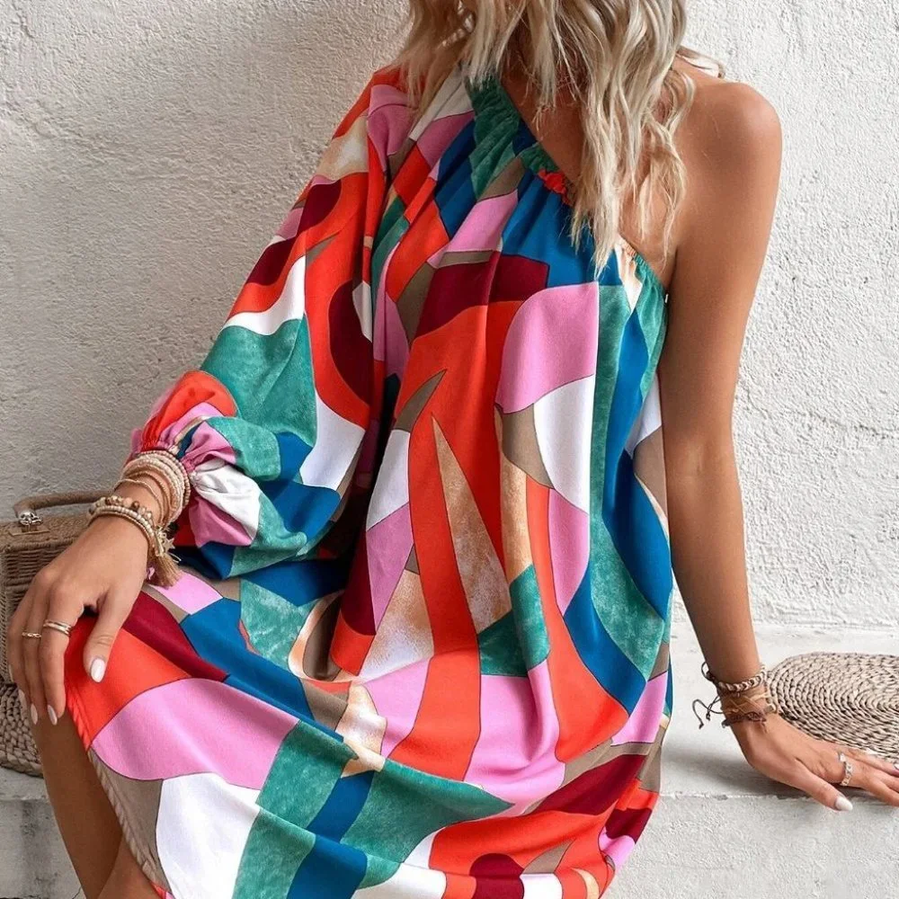 Contemporary Boho Geo Print Lantern Sleeve Asymmetrical Hem Dress - Picture 5 of 5